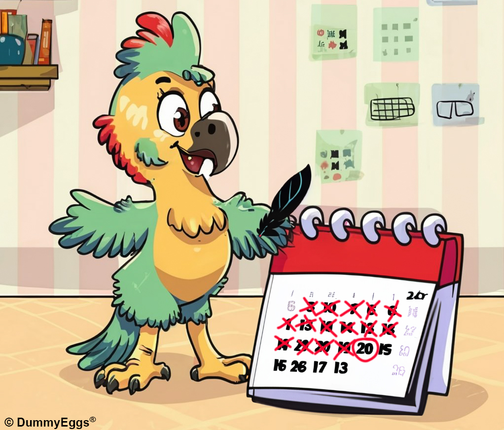 Illustration cartoon of lively female parrot marking off the days of the month with a quill